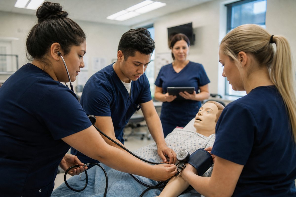 LVN/LPN nursing students practicing clinical skills in a nursing school skills lab